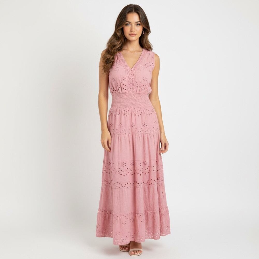 Kings Road Pink Tiered Eyelet Maxi Dress Cottagecore Cotton XL Coquette Summer